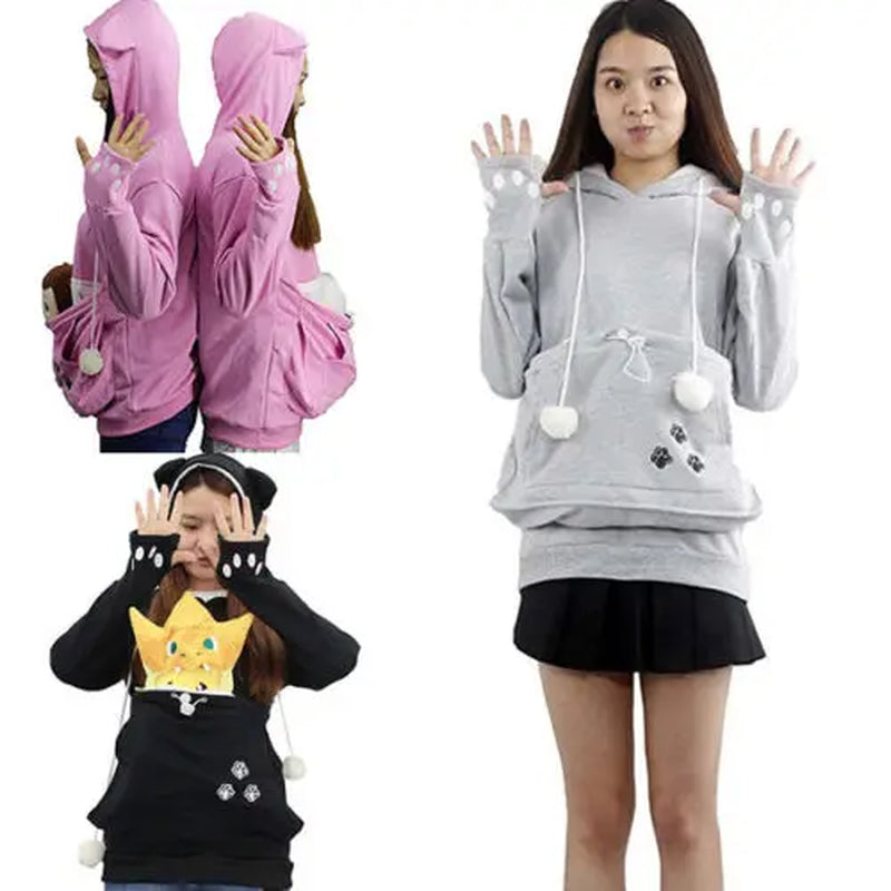 Mewgaroo Cat Lovers Hoodies Women Pet Hooded Casual Kangaroo Cat Sweatshirt for Women Pouch Hoodie Big Size Hoody Ladies Tops