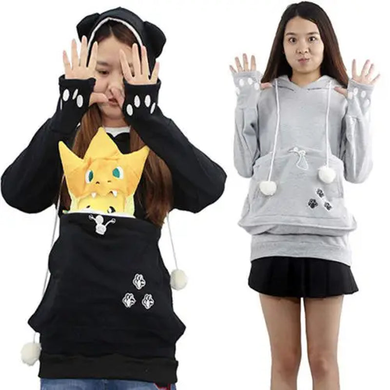 Mewgaroo Cat Lovers Hoodies Women Pet Hooded Casual Kangaroo Cat Sweatshirt for Women Pouch Hoodie Big Size Hoody Ladies Tops