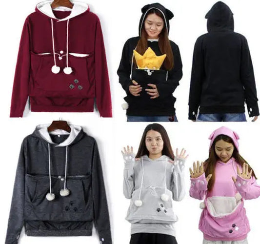 Mewgaroo Cat Lovers Hoodies Women Pet Hooded Casual Kangaroo Cat Sweatshirt for Women Pouch Hoodie Big Size Hoody Ladies Tops